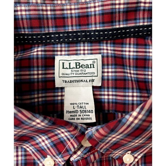 L.L. Bean Men's Red Blue Plaid Long Sleeve Button Up Cotton L Tall Large‎ Tall - Picture 3 of 9